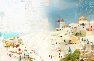 Vintage postcard of Oia, traditional white greek village of Santorini, Greece