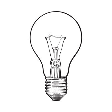 Traditional transparent tungsten light bulb, side view, sketch style vector illustration isolated on white background. hand drawing of retro style transparent tungsten light bulb