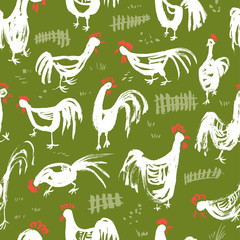 Seamless pattern with roosters. Ink artistic drawing with cocks