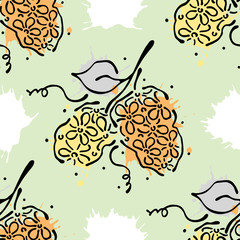 Vector seamless floral pattern with flowers, leaves, decorative elements, splash, blots, drop Hand drawn contour lines and strokes Doodle sketch style, graphic vector drawing illustration