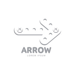 Business, corporate logo template with arrow made of erector game metal bars fixed together by screws, vector illustration isolated on white background. Graphic arrow logotype, logo design