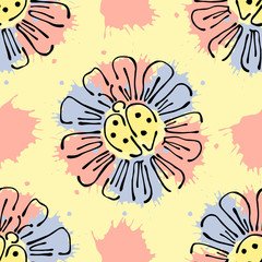 Vector seamless floral pattern with flowers, leaves, decorative elements, splash, blots, drop Hand drawn contour lines and strokes Doodle sketch style, graphic vector drawing illustration