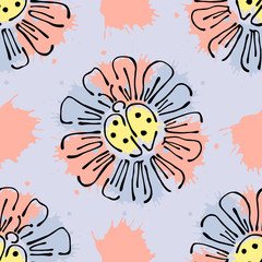 Vector seamless floral pattern with flowers, leaves, decorative elements, splash, blots, drop Hand drawn contour lines and strokes Doodle sketch style, graphic vector drawing illustration