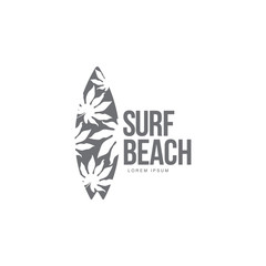 Black and white graphic surfing logo template with palm tree pattern surfboard, vector illustration isolated on white background. Graphic surfing board logotype, logo design