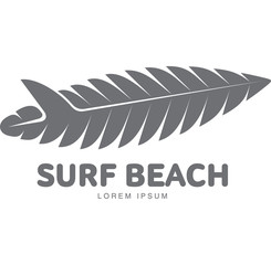 Black and white graphic surfing logo template with palm tree pattern surfboard, vector illustration isolated on white background. Graphic surfing board logotype, logo design