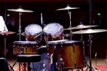 Fototapeta na wymiar Drum kit on the big stage.Drums under the spotlights.Drums 