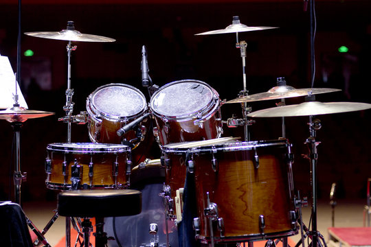 Drum kit on the big stage.Drums under the spotlights.Drums
