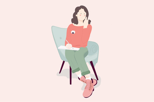 young woman artist sitting on a chair thoughtfully.. hand draw style vector illustration