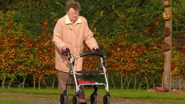 A lonley pensioner with wheel walker in a autumn park - pan tilt 4k 11749 
