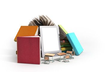 E-book reader Books and tablet 3d render image on white