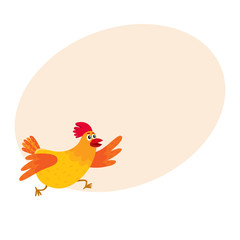 Funny cartoon red and orange chicken, hen rushing, hurrying somewhere, cartoon vector illustration on background with place for text. Cute and funny colorful chicken running somewhere enthusiastically
