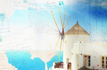 Vintage postcard of windmill of Oia at sunny day close up, Santorini