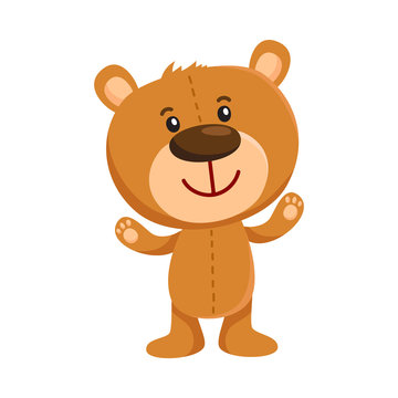 Cute traditional, retro style teddy bear character standing, smiling and greeting, cartoon vector illustration isolated on white background. Smiling teddy bear character greeting, ready to hug
