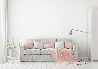 Livingroom Interior with sofa, pillows, plaid, lamp and vase with flowers on empty white wall background. 3D rendering.