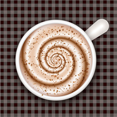 Coffee cup top view, dark gingham background. Breakfast background.