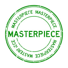 Grunge green masterpiece round rubber stamp on white background