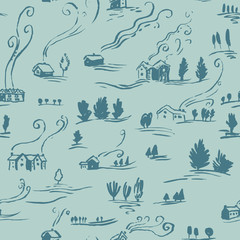 Hand drawn seamless pattern winter landscape with houses in doodle style