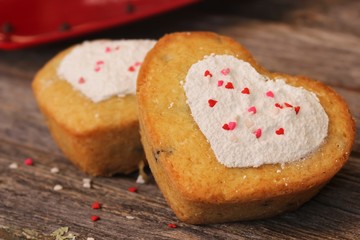 Homemade Two mini Heart cake with heart shape stencil work in the middle, selective focus
