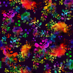 Watercolor Seamless flower red green rainbow doodle on violet background pattern. Hand drawn elements. Bright art for textile, wallpaper. Vintage texture. Endless print.