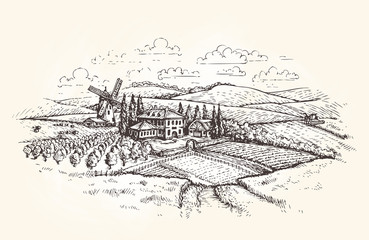 Vintage landscape. Farm, agriculture or wheat field sketch. Vector illustration