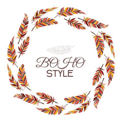 Boho style. Wreath of vintage feathers on a white background.