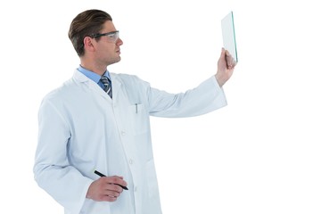 Doctor pretending to be using futuristic digital screen