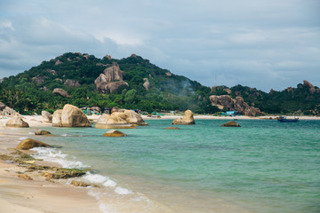 Beautiful landscape with view of ocean, perfect beach, big stones, trees, azure water. Background...