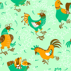 Seamless pattern with roosters. Cute decorative floral background