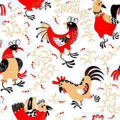 Seamless pattern with roosters. Cute decorative floral background