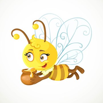 Cute bee flies with clay pot full of honey isolated on a white b
