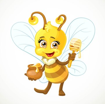 Cute bee with a clay pot full of honey and wooden dipper stand o