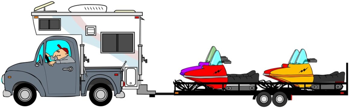 Illustration of a man driving a truck and camper pulling a trailer with 4 snowmobiles.