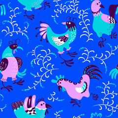 Seamless pattern with roosters. Cute decorative floral background