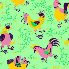 Seamless pattern with roosters. Cute decorative floral background