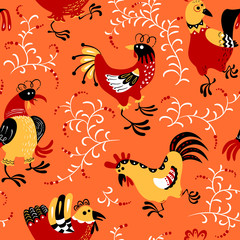 Obraz premium Seamless pattern with roosters. Cute decorative floral backgrounds