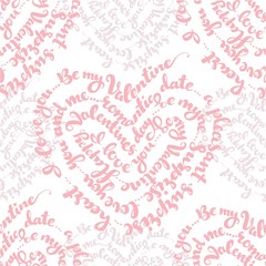 Red seamless pattern from by St. Valentine's Day white calligraphic inscription in the form of heart