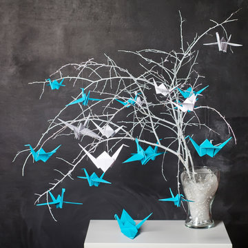 Origami paper cranes on n branches