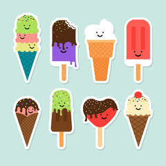 Ice cream flat cute vector stickers set. Chocolate and vanilla icecream in waffle cone