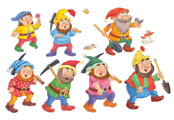 Snow White and the seven dwarfs. Fairy tale. Illustration for children. Cute and funny cartoon characters