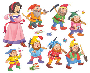 Snow White and the seven dwarfs. Fairy tale. Illustration for children. Cute and funny cartoon characters
