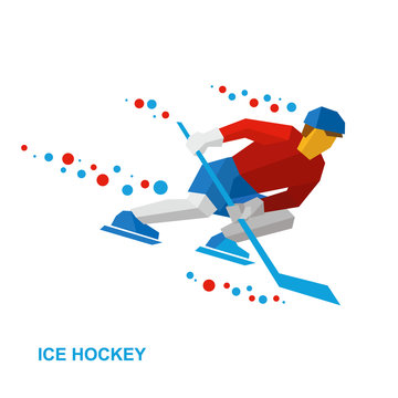 Winter sports - ice hockey. Cartoon player with hockey-stick rides on skates. Athlete in helmet hits the puck. Flat style vector clip art isolated on white background.