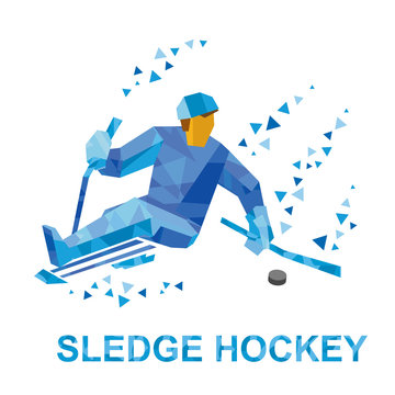 Winter sports - sledge hockey. Disabled player with hockey-sticks on ice. Sportsman with physical disabilities strikes the puck. Flat style vector clip art isolated on white background.