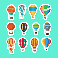 Vintage hot air balloons stickers set. Cartoon air balloons vector icons set