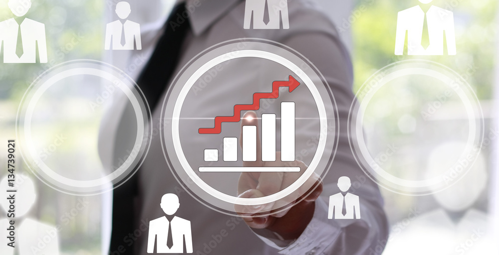 Poster business, finance, technology and internet concept - businesswoman pressing graph button on virtual 