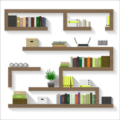 Wooden shelves for the living room or shop. Transparent shadows. Vector graphics