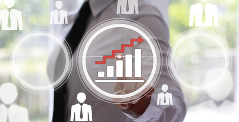 Business, finance, technology and internet concept - businesswoman pressing graph button on virtual...