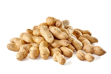 Heap of whole peanuts on white