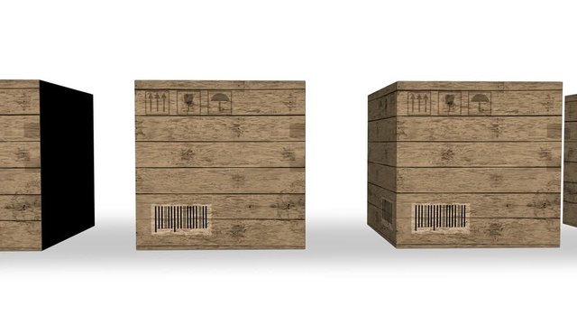 moving row of wooden box packages isolated on white background with space for your logo or text seamless loop. shipping, logistics and retail goods delivery commercial business concept