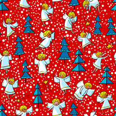 Seamless pattern with doodle dancing angels and pine trees . Winter background