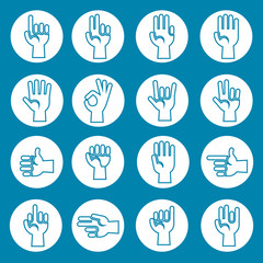 Hands gestures vector icons set blue